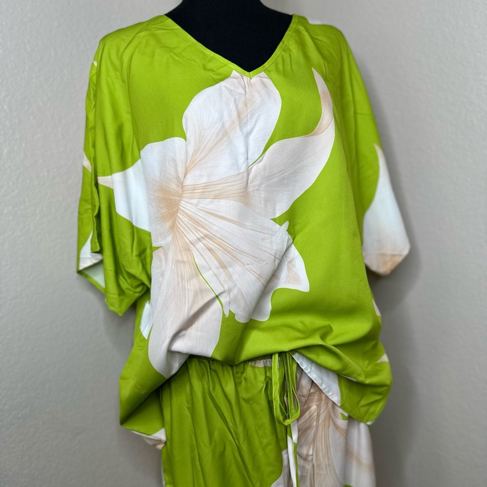 Women's Green Floral Kimono Top and Pants Set